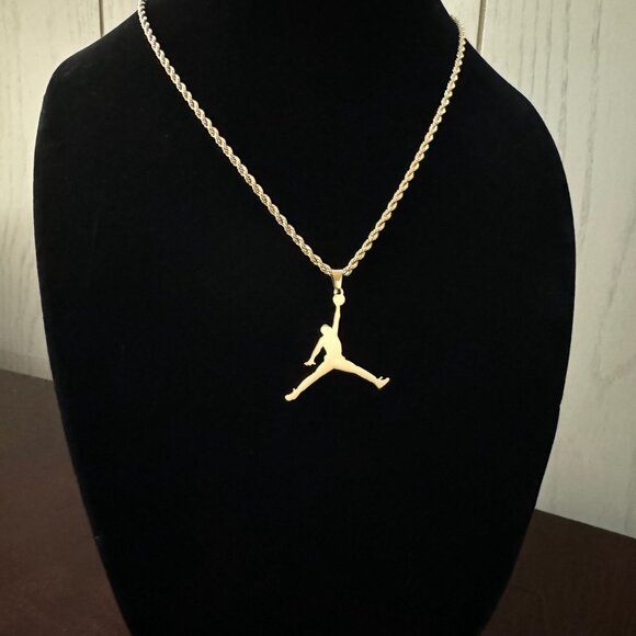 Jordan Necklace - Jumpman Pendant  MJ - Gold Plated - 20" Rope Chain - Easter - Picture 2 of 3